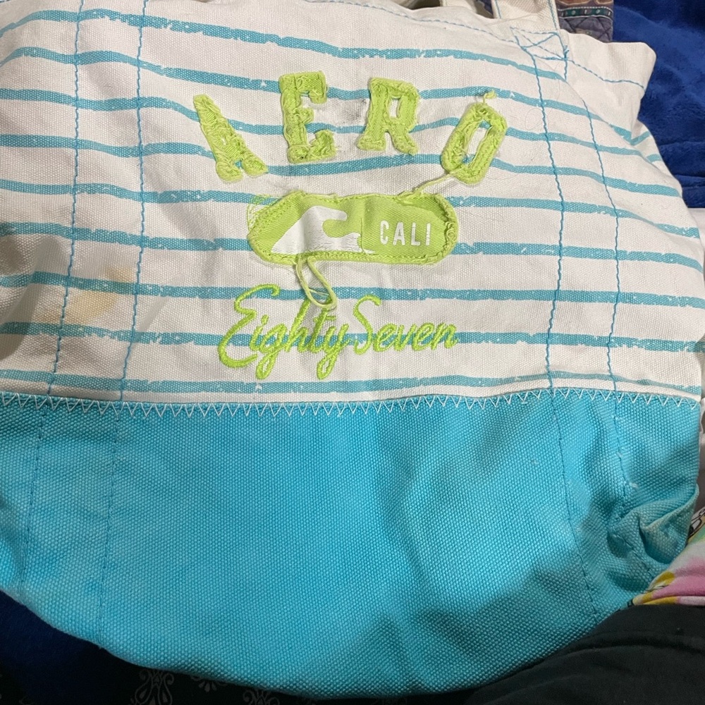 Aeropostale Cali Blue and White Canvas Tote with Graphic Design